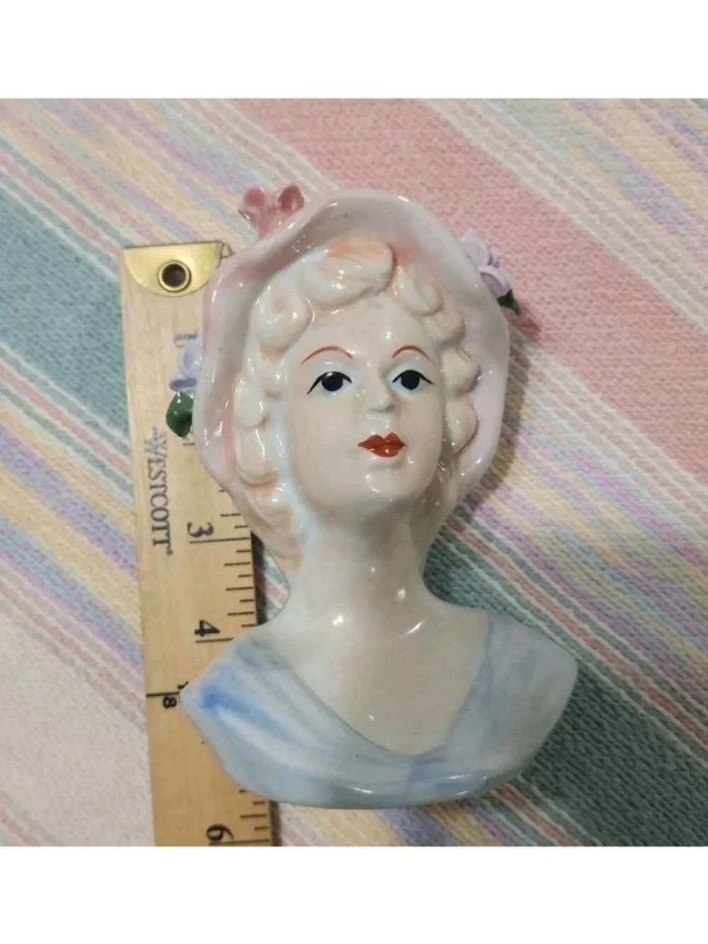 Vintage Porcelain Lady Head Vase Pink Hat Blue Dress Flowers 5” Tall